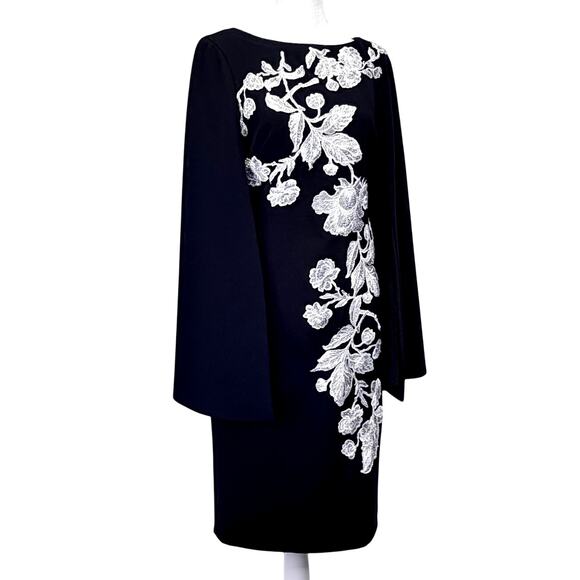 Theia Black Cape Sleeve Sheath Dress Women’s 4 Floral Appliqué Cocktail Evening - Picture 3 of 11